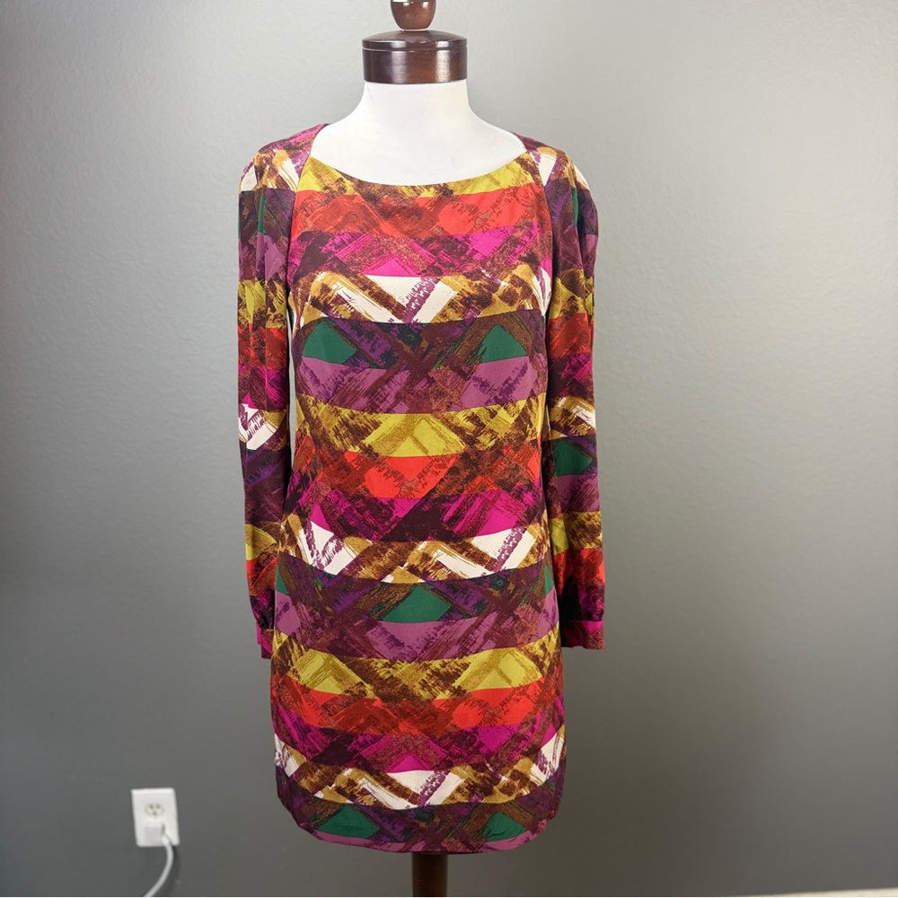 Trina Turk Geo Abstract Multi-color 100 % Silk Stripe Shift Dress Sz 2 Party